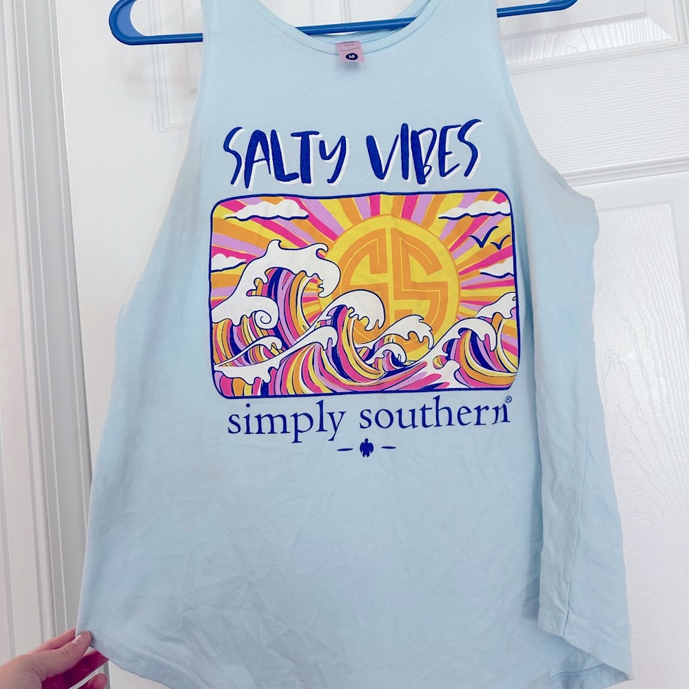 Medium Simply Southern Light Blue Tank Too “Salty Vibes”